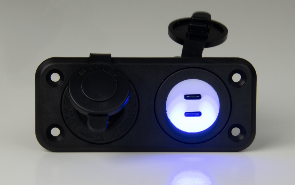 Marinco SeaLink dual USB-C charger and 12 V receptacle combo with LED indicator on