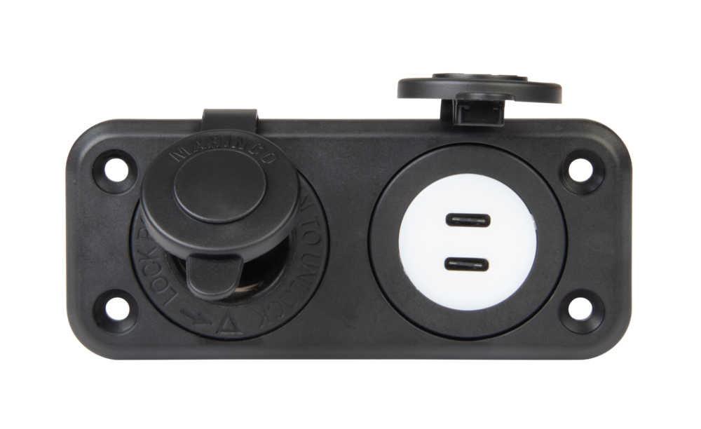 Marinco SeaLink dual USB-C charger and 12 V receptacle combo, front view